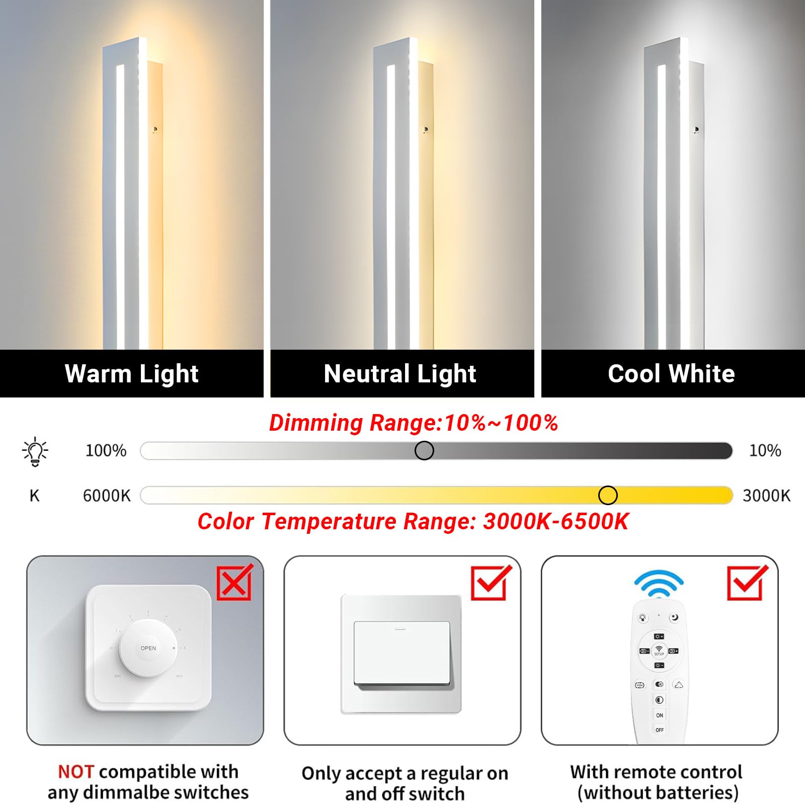 25 W/100 cm Nowoczesne oświetlenie ścienne LED z pilotem | 3 temperatury barwowe (3000K / 4000K / 6000K), ściemniana biała lampa ścienna LED do salonu sypialni