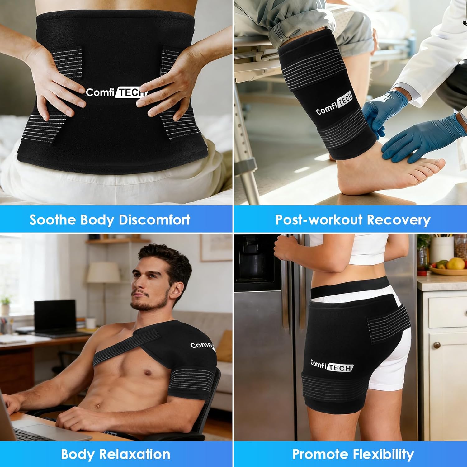 ComfiTECH Reusable Ice Pack, Soft Multipurpose Gel Cold Compress with 2 Adjustable Straps for Hands-Free Relief on Back, Shoulder, Knee, Hip, X-Large Oversized Wrap for Minor Aches & Pains, 12" x 15"