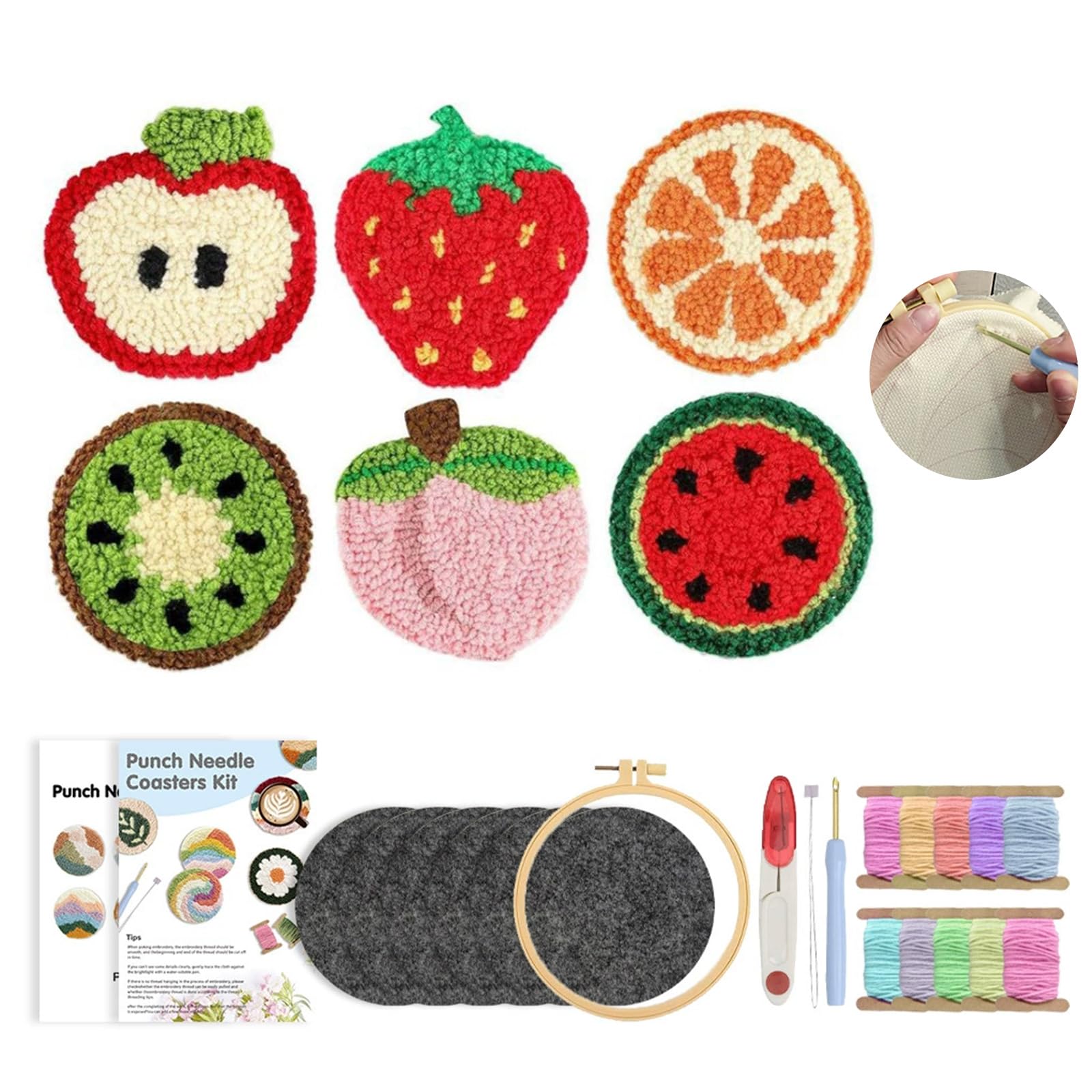 ADOFUN パンチニードル 材料道具キット コースター材料キット ニードルパンチ 刺繍 手芸材料セット 刺繍枠 ニードルペン 図案 布セット 製作説明書付き 6 点セット【6点セット】