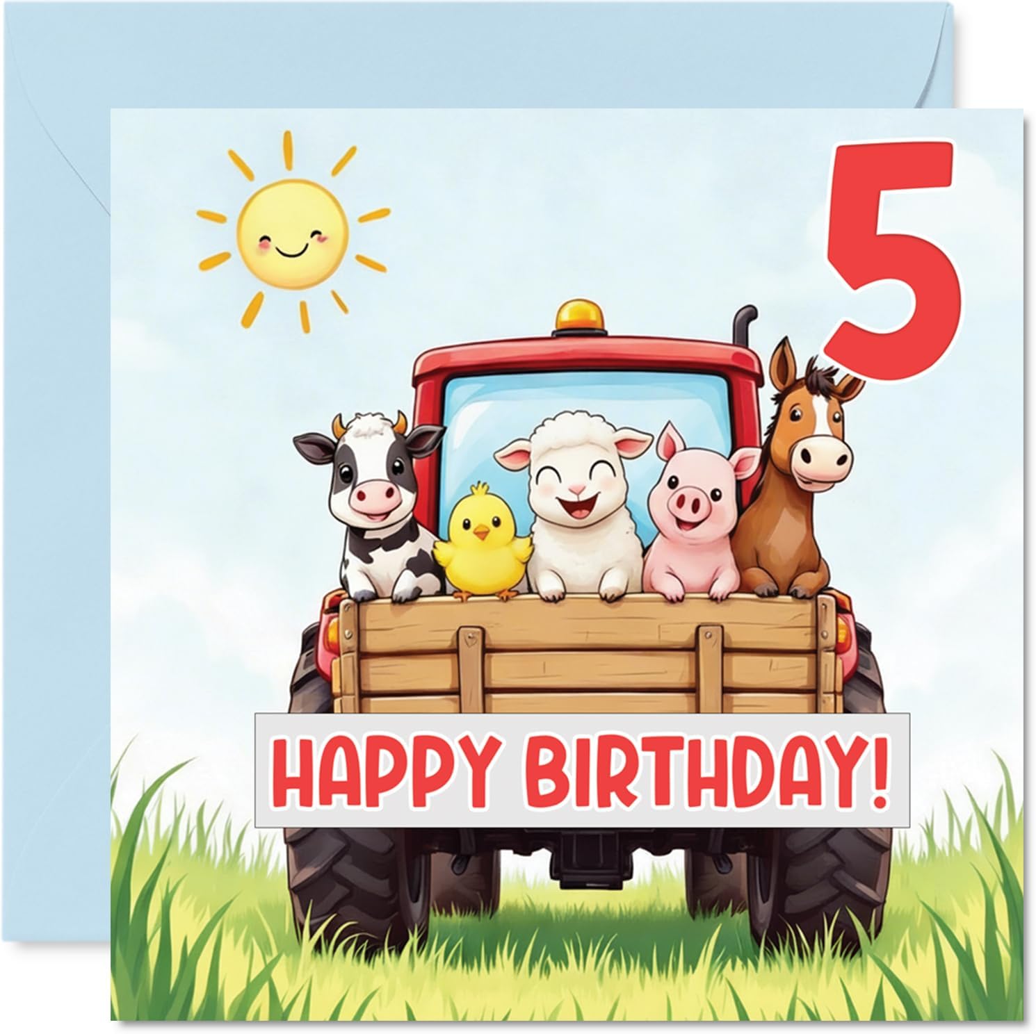 Stuff4 Playful 5th Birthday Card - Full of Farmyard Fun - Cartoon Tractor with Colorful Animals and Festive Balloons - 5.7 Inch Square, Envelope Included