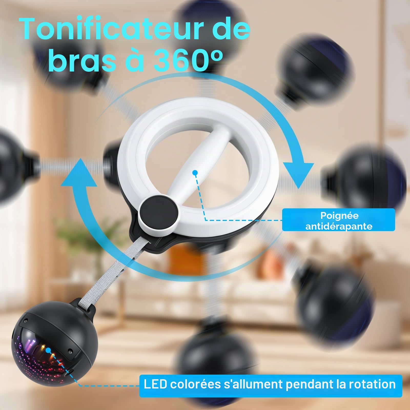 360° Entraîneur de Bras Intelligent avec Manivelle et Boule LED, Appareil pour Avant-Bras, Poitrine, Épaules, Fitness Portable à Domicile, Piles AAA incluses