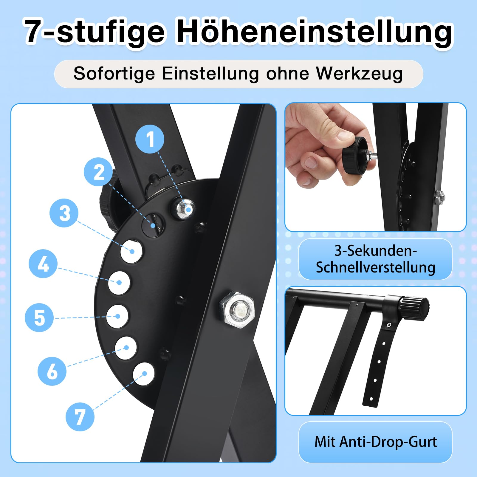 Keyboardständer-Doppelstrebig Keyboard Ständer mit Sicherheitslaschen, höhenverstellbar in 7 Stufen von 25-93cm, X-Form piano stand faltbar und abnehmbar, kann für 54/88 Tasten E-Piano, Kinderklavier