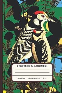 Woodpecker Composition Notebook: Vintage Retro Floral Bird College Ruled Green Journal | Small Size (6 X 9 Inches) 110 Pages | Gift For Teachers, Teens, Adults, Exotic Bird Lovers