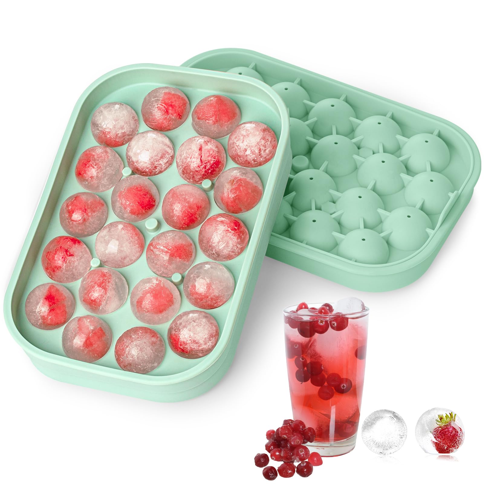 2 PCS Ice Cube Trays, Silicone Round Ice Cube Moulds with Lid, Easy-Release Ice Ball Trays for Freezer, BPA Free Ice Cubes for Whiskey, Cocktails, Coffee- Green
