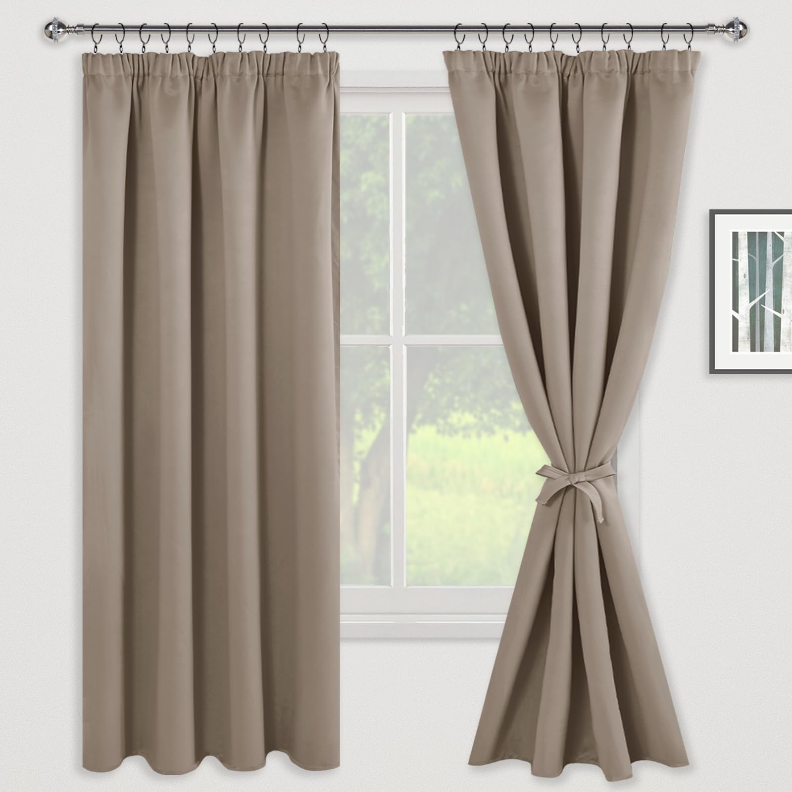 JIUZHEN Opaque Curtains with Ruffle Tape, Blackout Curtains, Living Room Curtains, Bedroom, Thermal Curtain, Taupe - Image 2