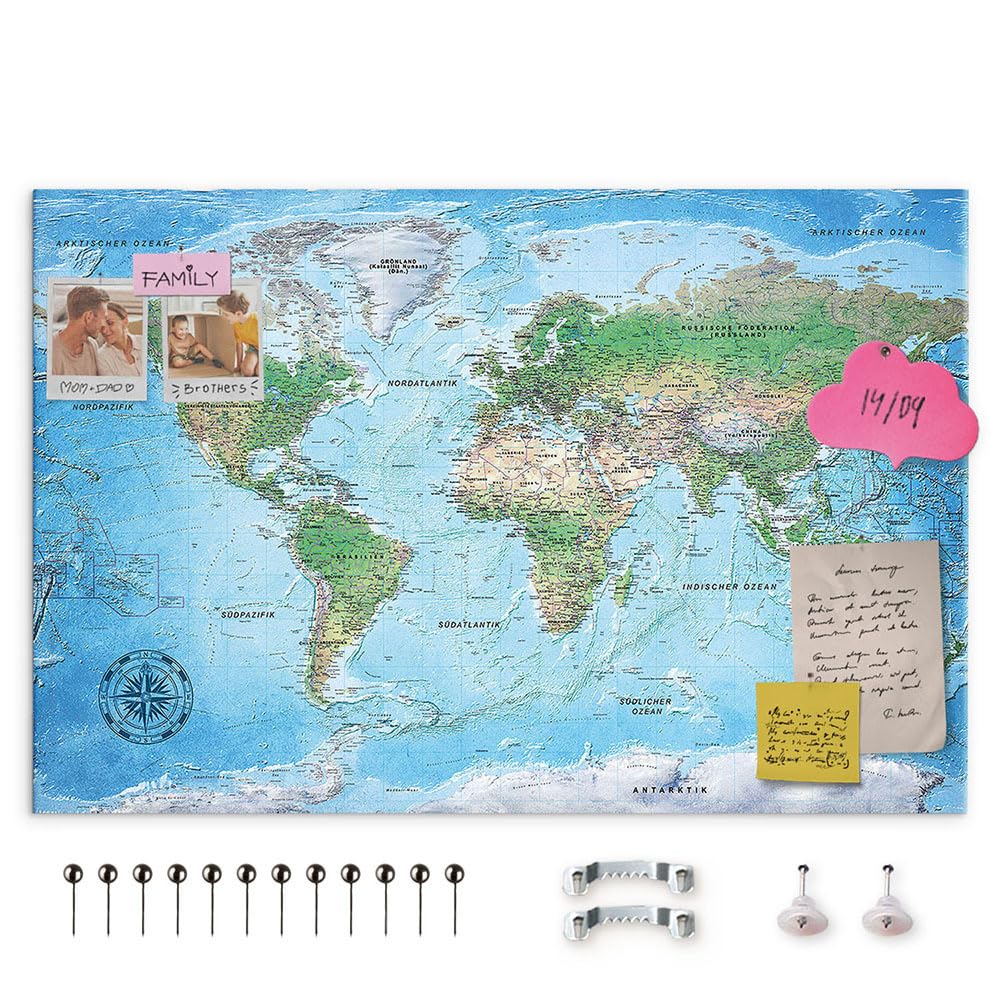 decomonkey Canvas World Map Pin Board with 50 pins - 35.4" x 23.6" / 90x60 cm Fibreboard Push pin Travel Blue map Wall Art - German Lettering - Traveler's Home Bedroom Office Living Room Gift โ image 1