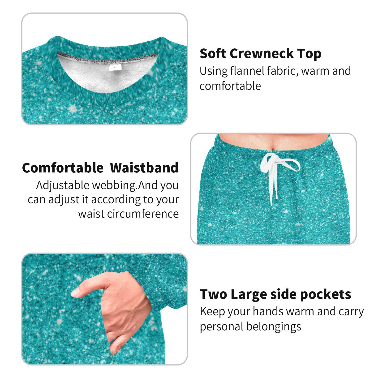 PJ Set pigiama da donna in pile morbido con glitter blu stellato e girocollo a maniche lunghe