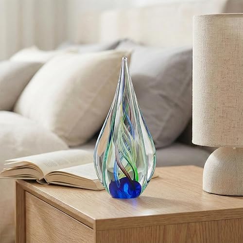 Vista 5 de Hand Blown Glass Sculpture, Murano Style Decor, Aqua Glass Art Collection Figurines, Teardrop Decorative Statue for Office Shelf, Unique Teardrop