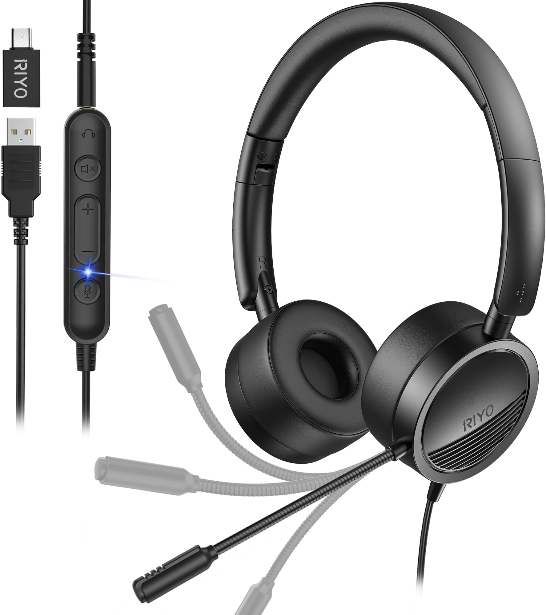 riyo USB Headset with Microphone Computer Headset in-Line Controls Office Headset with Noise Cancelling Mic Call Center Headset for Zoom, Skype, Laptop, Phone, PC, Tablet, Home with USB-C Adapter