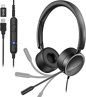 RIYO USB Headset with Microphone Computer Headset in-Line Controls Office Headset with Noise Cancelling Mic Call Center Headset for Zoom, Skype, Laptop, Phone, PC, Tablet, Home with USB-C Adapter