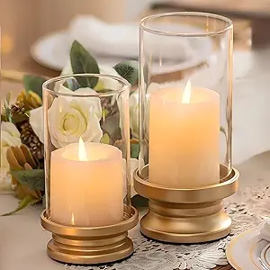 NUPTIO Hurricane Candle Holder Gold: Set of 2 Pillar Candle Holders with Clear Glass Sleeve - Dec...