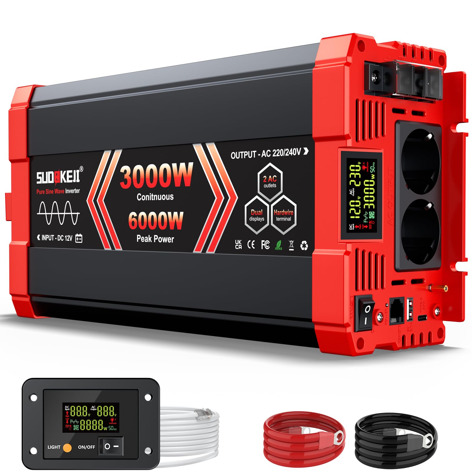 SUDOKEJI 3000W/6000W Wechselrichter Reiner Sinus Spannungswandler 12V auf 230V EU-Steckdose mit LCD Bildschirm und Fernbedienung,USB-Port für Kfz LKW Camping