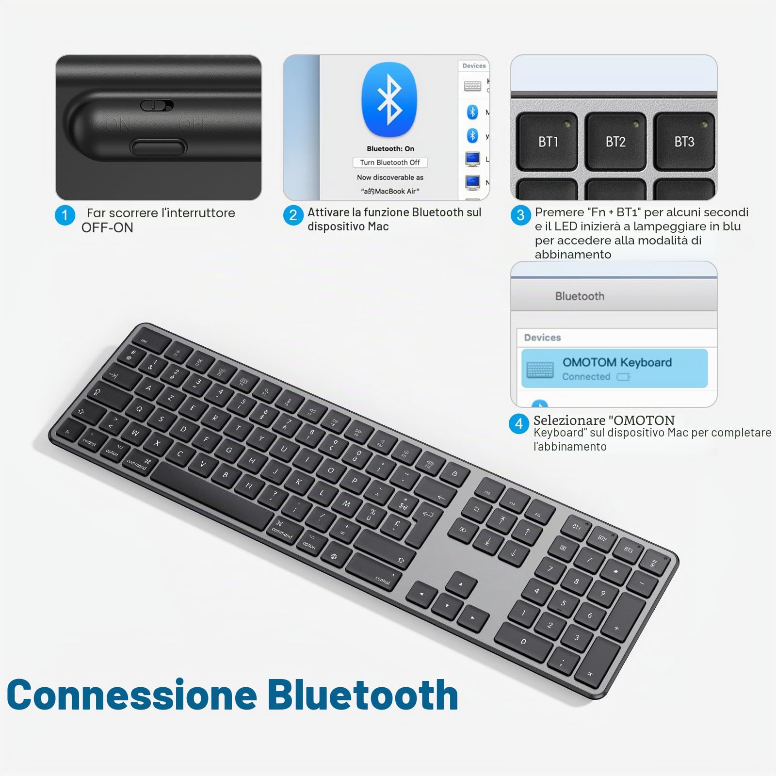 OMOTON Tastiera Bluetooth per Mac AZERTY francese, grigio scuro | Multi-dispositivo a 3 canali, ricaricabile, tasti a forbice per Apple Mac Pro/Mini, MacBook Neo/Air, iMac Pro