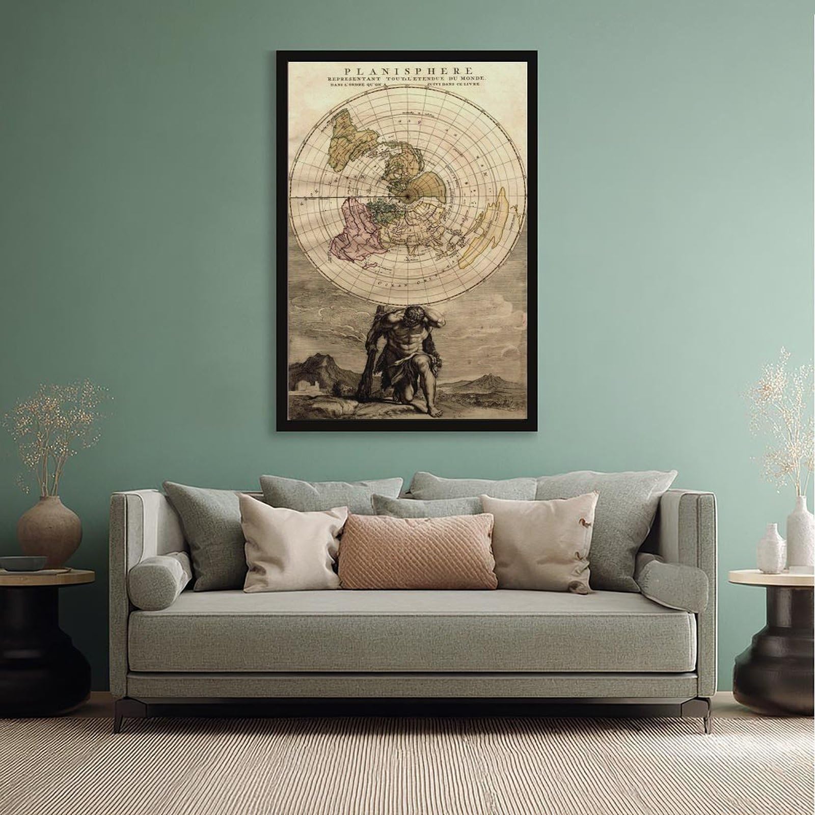 WCYB Flache Erde Planisphere Weltkarte Vintage 1715 – Louis Renard – Azimutel Äquidistant Poster Drucke Leinwand Deko Gemälde Wandkunst zum Aufhängen Rahmen 40,6 cm L