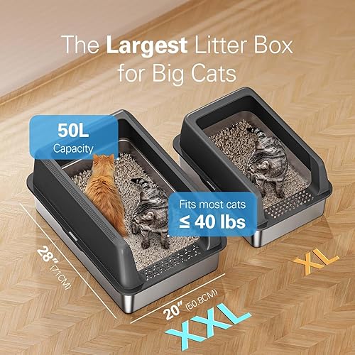 Miniatura 10 de Zarler Caja de arena extra grande de acero inoxidable con tapa, caja de arena de metal XL para gatos grandes, caja de arena de alta cara