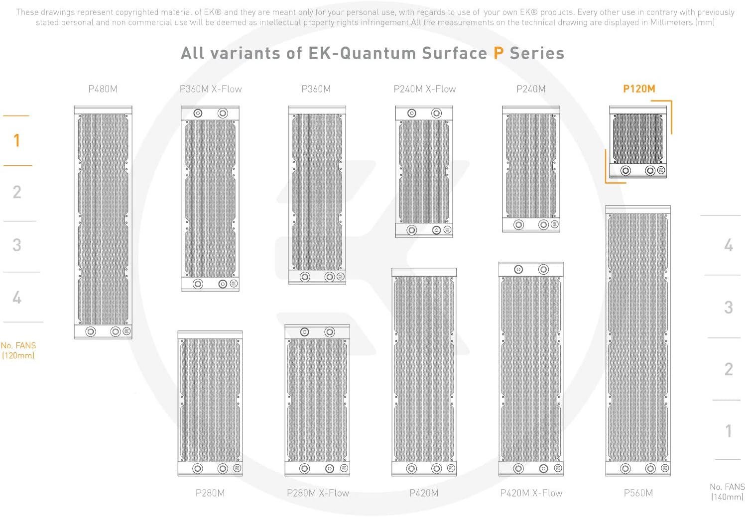 Diagram showing various EK-Quantum Surface P Series radiator sizes, highlighting P120M