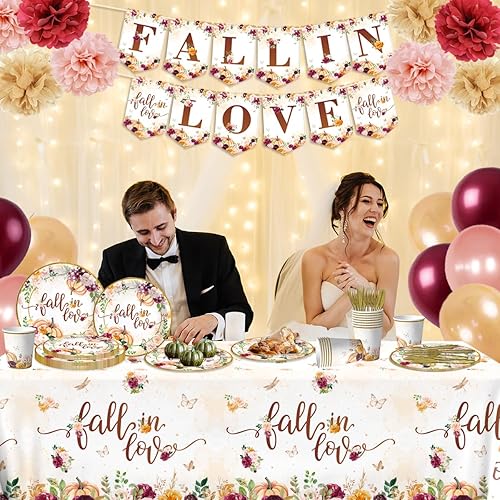 Miniatura 3 de Juego de decoraciones de fiesta de otoño con diseño floral de calabaza, incluye manteles de otoño, plato de cena de enamoramiento, globos bohemios,