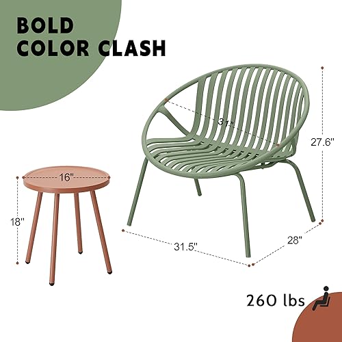 Miniatura 2 de Juego de muebles de patio, 3 piezas de muebles de exterior con mesa naranja bistró y sillas verdes, juego de 2, juego de patio al aire libre con