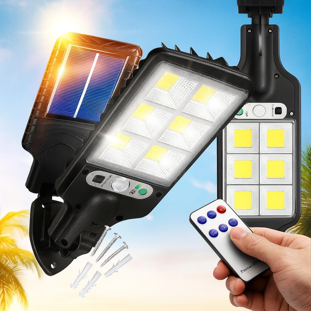 Luminária Solar Refletor Poste Super Potente Premium Led Sensor de Presença 3 Modos de Iluminação Controle Remoto Prova D'agua 8 Janelas