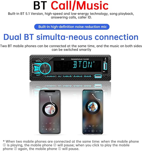 Car Audio Bluetooth Single DIN Car Stereo, 12V Car FM/AM Radio LCD VA Screen Car MP3 Player with Hands-Free, Dual USB, Voice Assistant & App Control, Supports FM/MP3/WMA/FLAC/AUX/TF