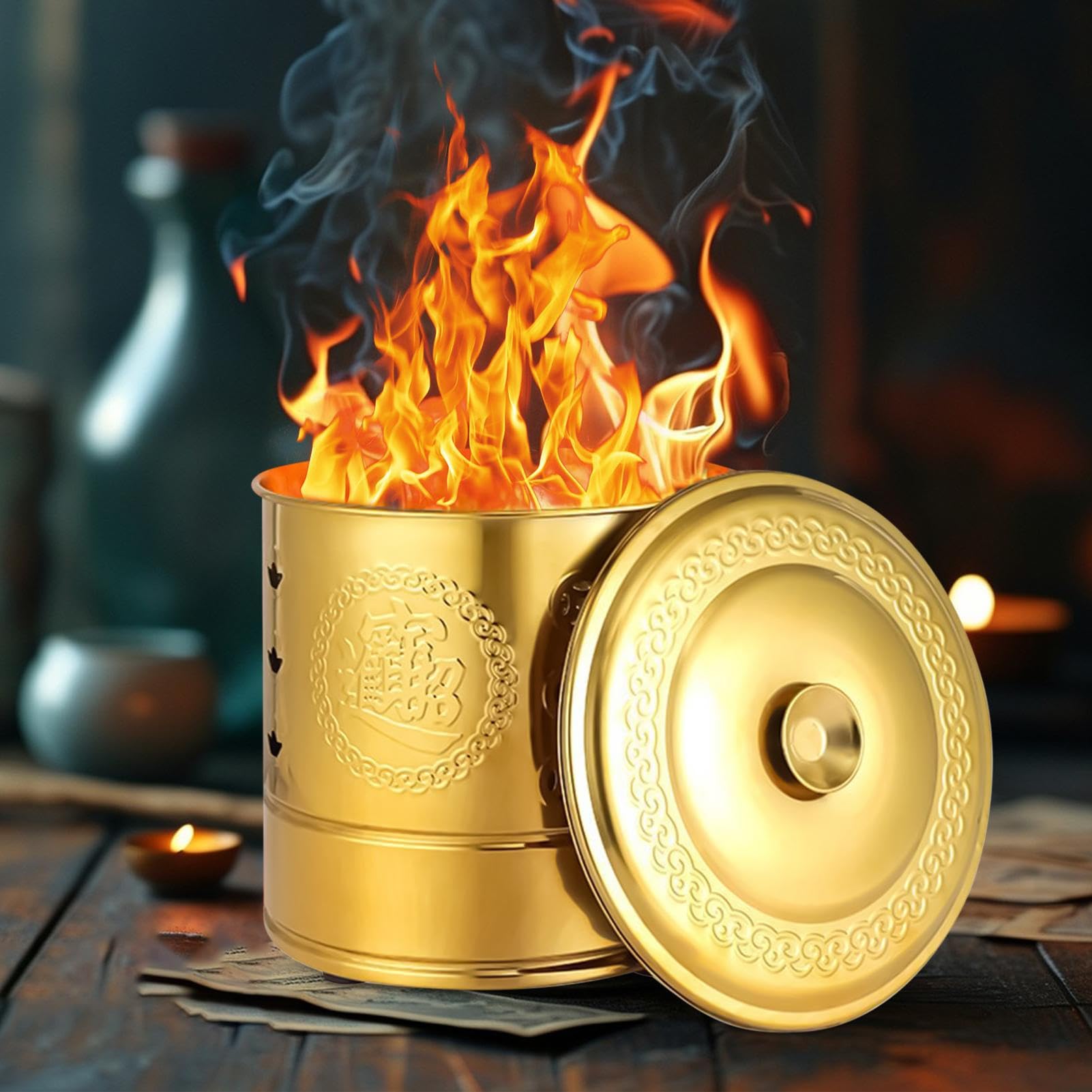Secchio Inceneritore Carta Manico, Denaro Buon Augurio Antenati | Inceneritore per Soldi di Carta in Acciaio Per Foglie, Legna, Rifiuti, Offerte Per Antenati, Cerimonie Funebri, Giardino,