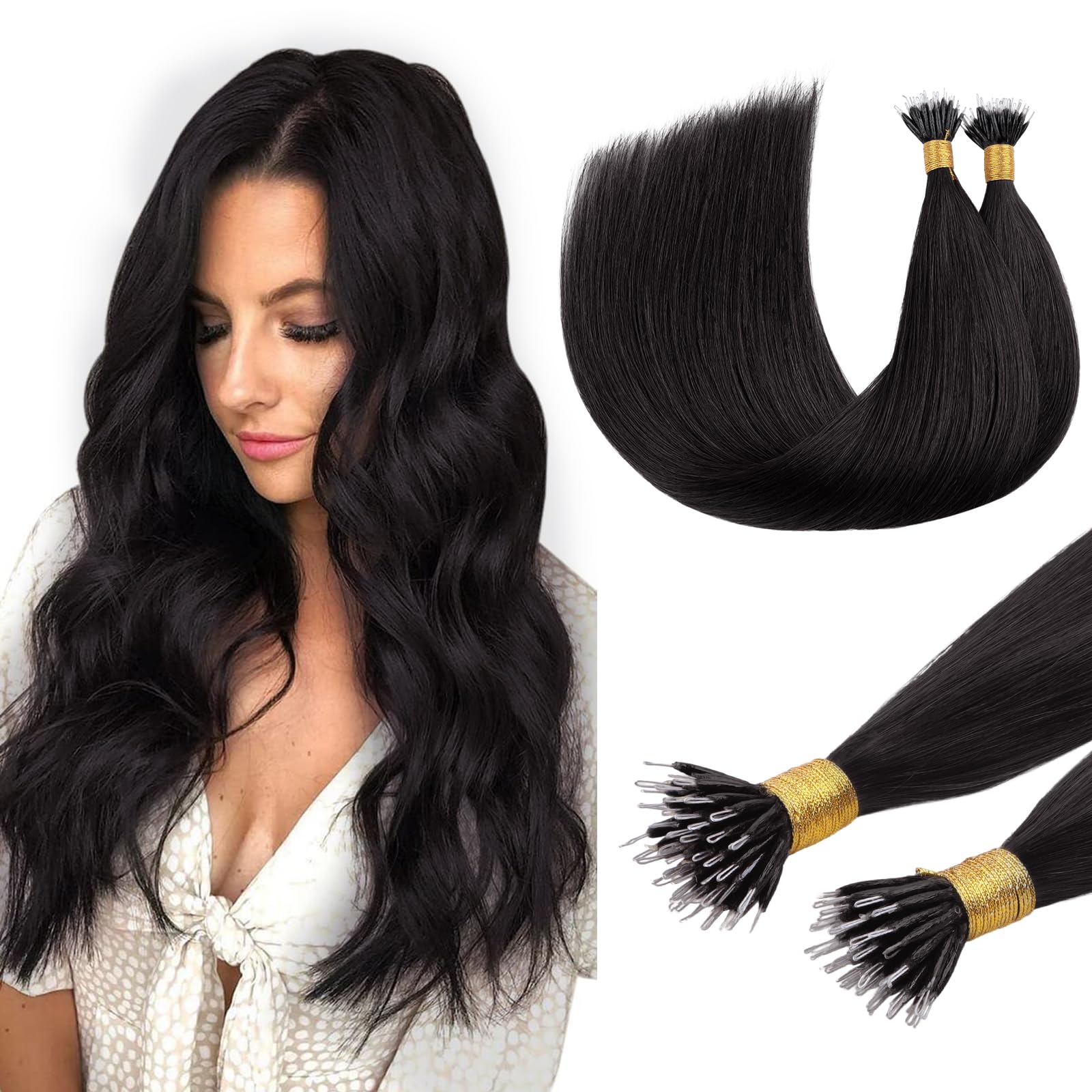 DOORES Nano Hair Extensions, Natural Black 18 Inch 50g 50s, Natural Remy Nano Beads Hair Extensions Lightweight