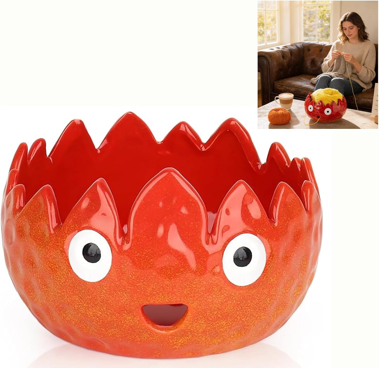 Flame Ceramic Yarn Bowl Yarn Holder Organizer for Crocheting/Knitting, Handmade Cute Yarn Storage Bowl, Large Size Ceramic Crochet holder Crochet Bowl, Birthday Gift for Crocheters Knitter KW011-Flame