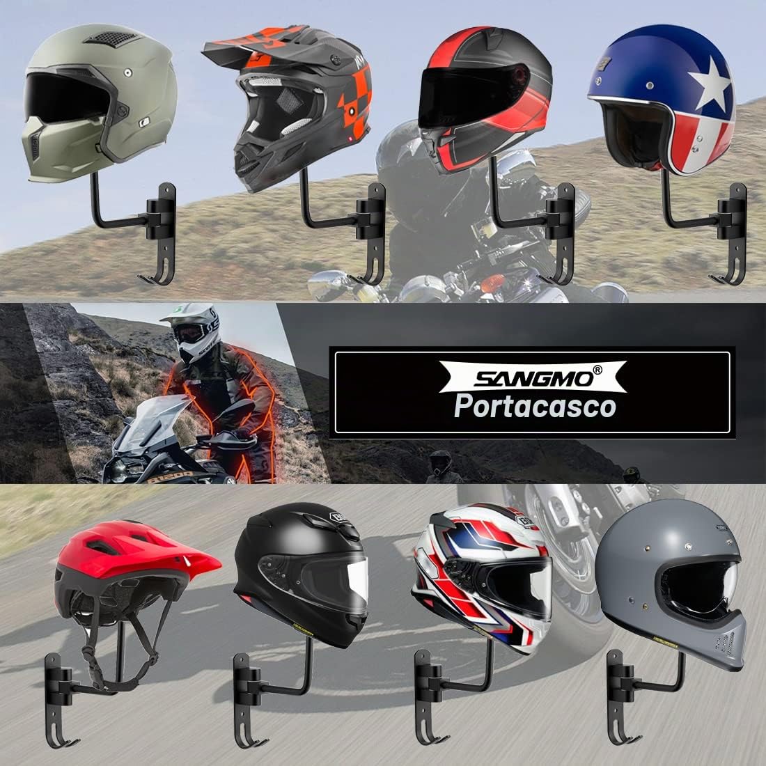 SANGMO Supporto da parete per casco da moto, casco da bici, rotazione di 180 gradi, in metallo