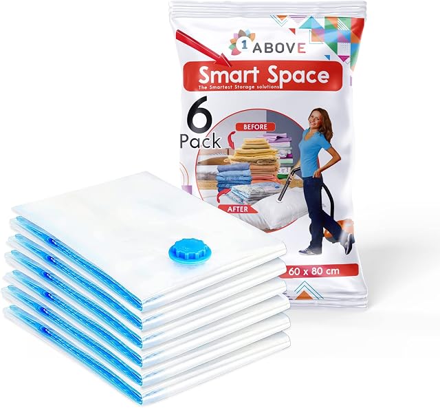 1ABOVE Pack of 6 Vacuum Compressed Storage Bags, Mould Moisture and Bug Proof, Double Zip High Sealing Triple Air Leak Patent Valve for Maximum Compression (LARGE)