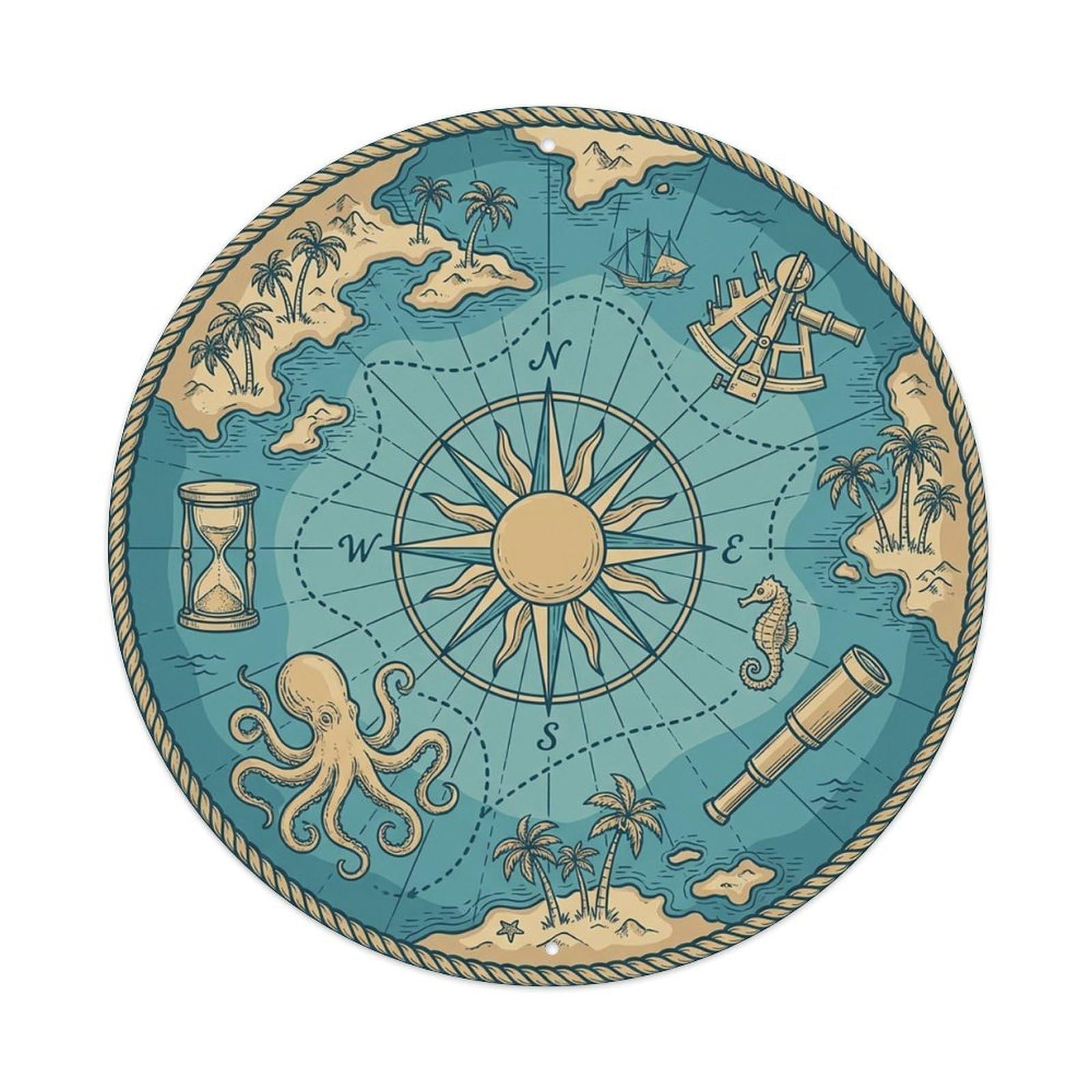 Vintage Nautical Compass World Map Maritime Journey Metal Tin Sign