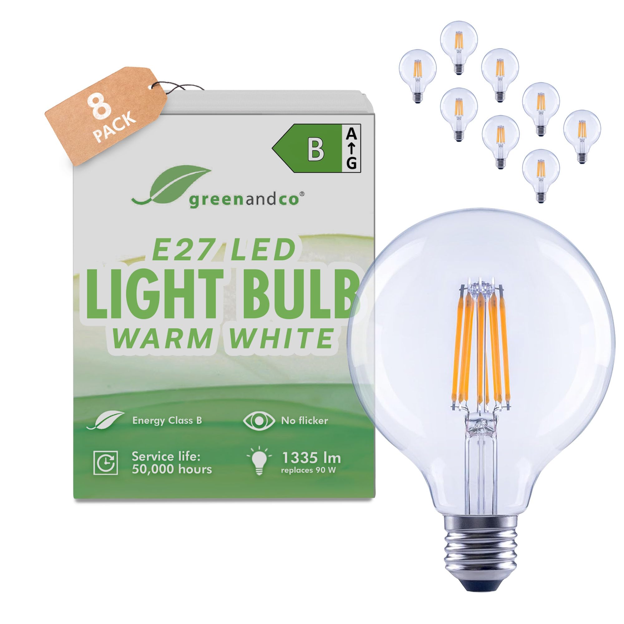 greenandco 8 x LED Filament Light Bulb | Clear | CRI 90+ | E27 G95 | 7.2W 1335lm | Replaces 90W | 3000K Warm White | 320° | 230V | Flicker Free | Energy Class B | Non-dimmable