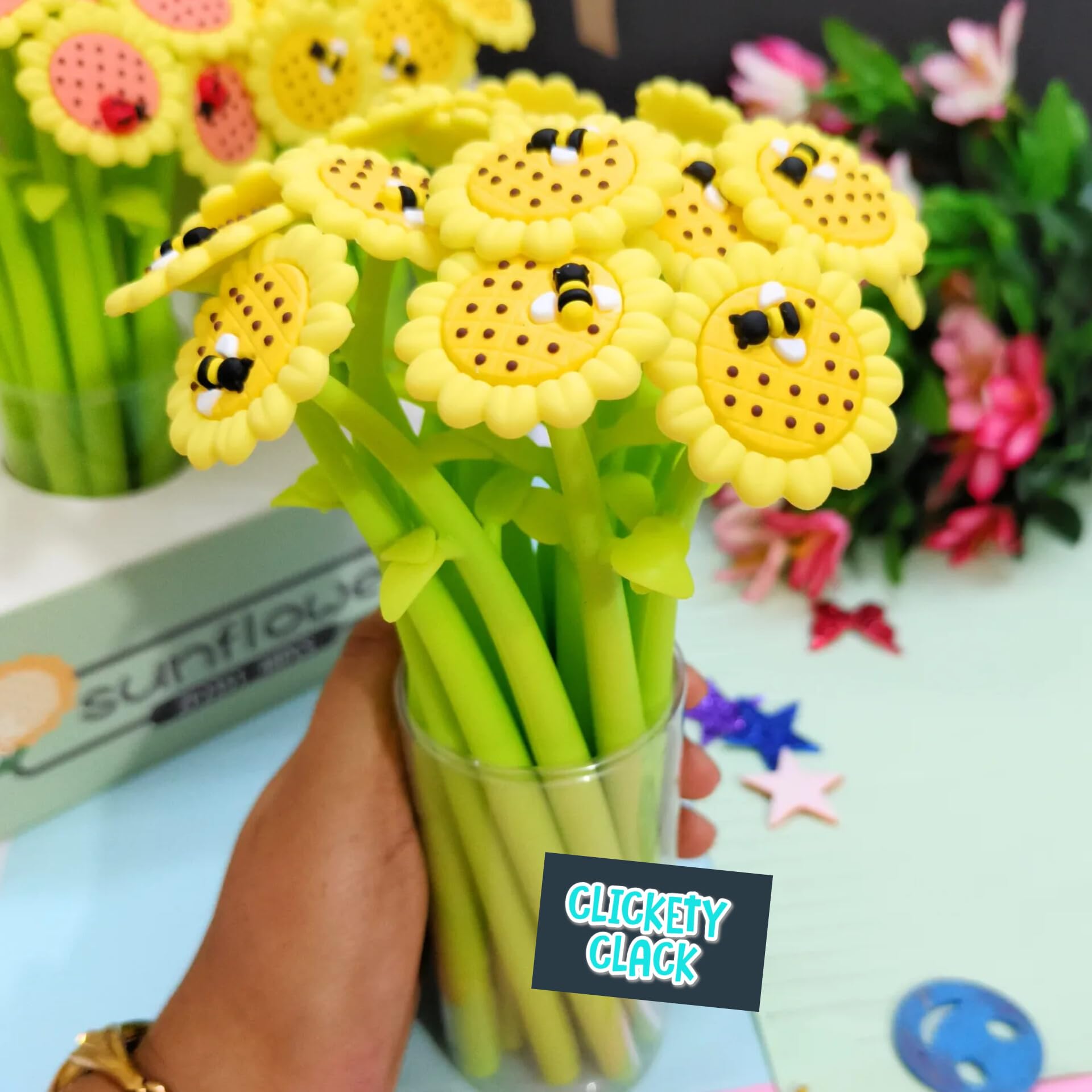 CLICKETY CLACK™ Funky Kawaii korean Soft Siliconce Sunflower Ladybug & Bee Wiggle Gel pens/Daily use Gifting Idea for kids & Adults Theme parties Fancy stationery (Pack-4 mix) (B0CG6DLLKQ) Amazon Price History, Amazon Price Tracker
