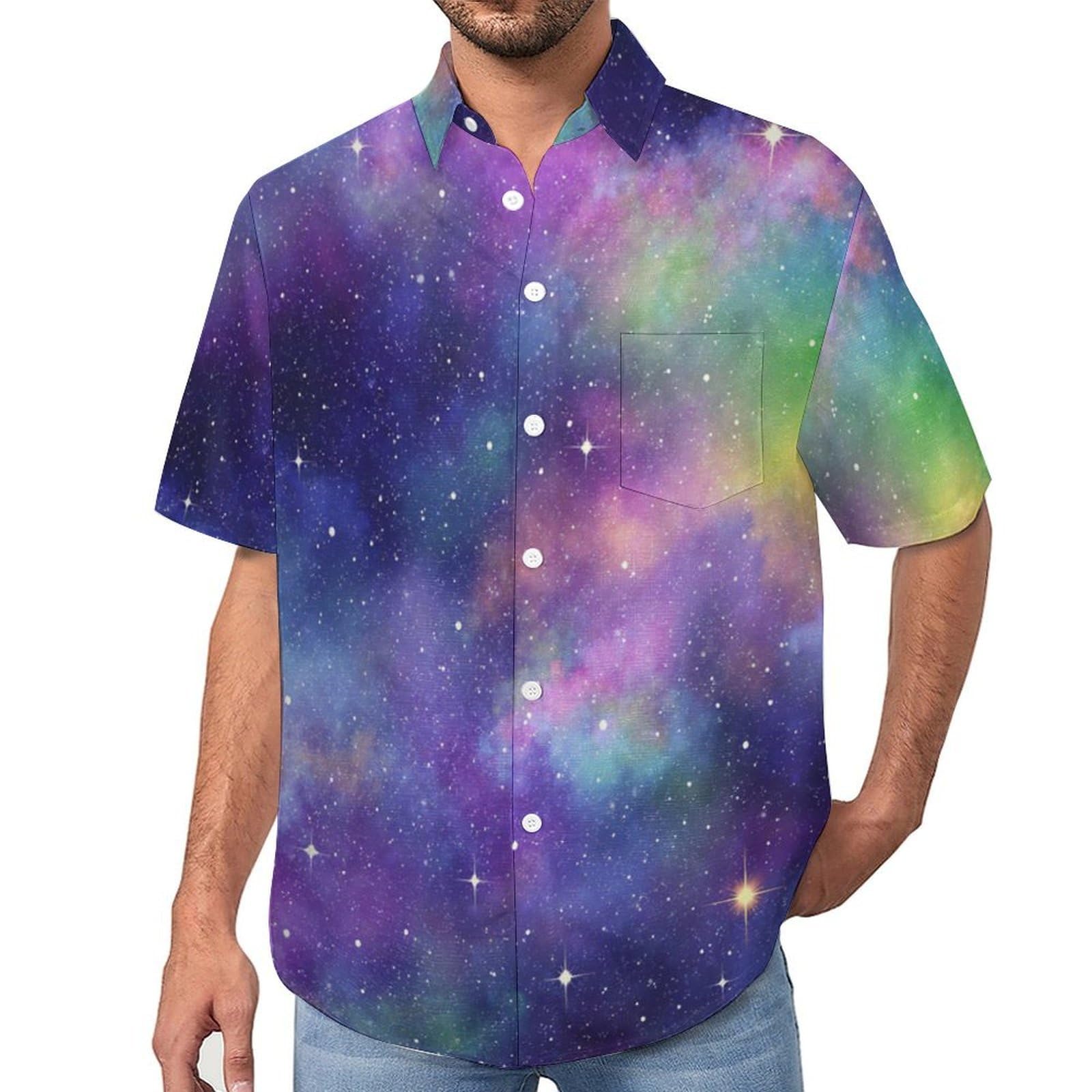 Camicie da Uomo a Maniche Corte con Stampa della Galassia Arcobaleno Sogno, Casual Leggere Bottoni Camicia con Tasca Frontale, per Vacanze Spiaggia Estate