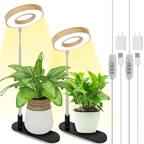 LORDEM Bamboo Base Desktop Grow Light, LED Plant Lamp with Full Spectrum, 4 Adjustable Brightness Levels, 4H/8H/12H Auto Timer for Indoor Plants Growing, Height Adjustable 7.8"-26", 2 Pack - 3.54" Bamboo+Base - 2 Pack