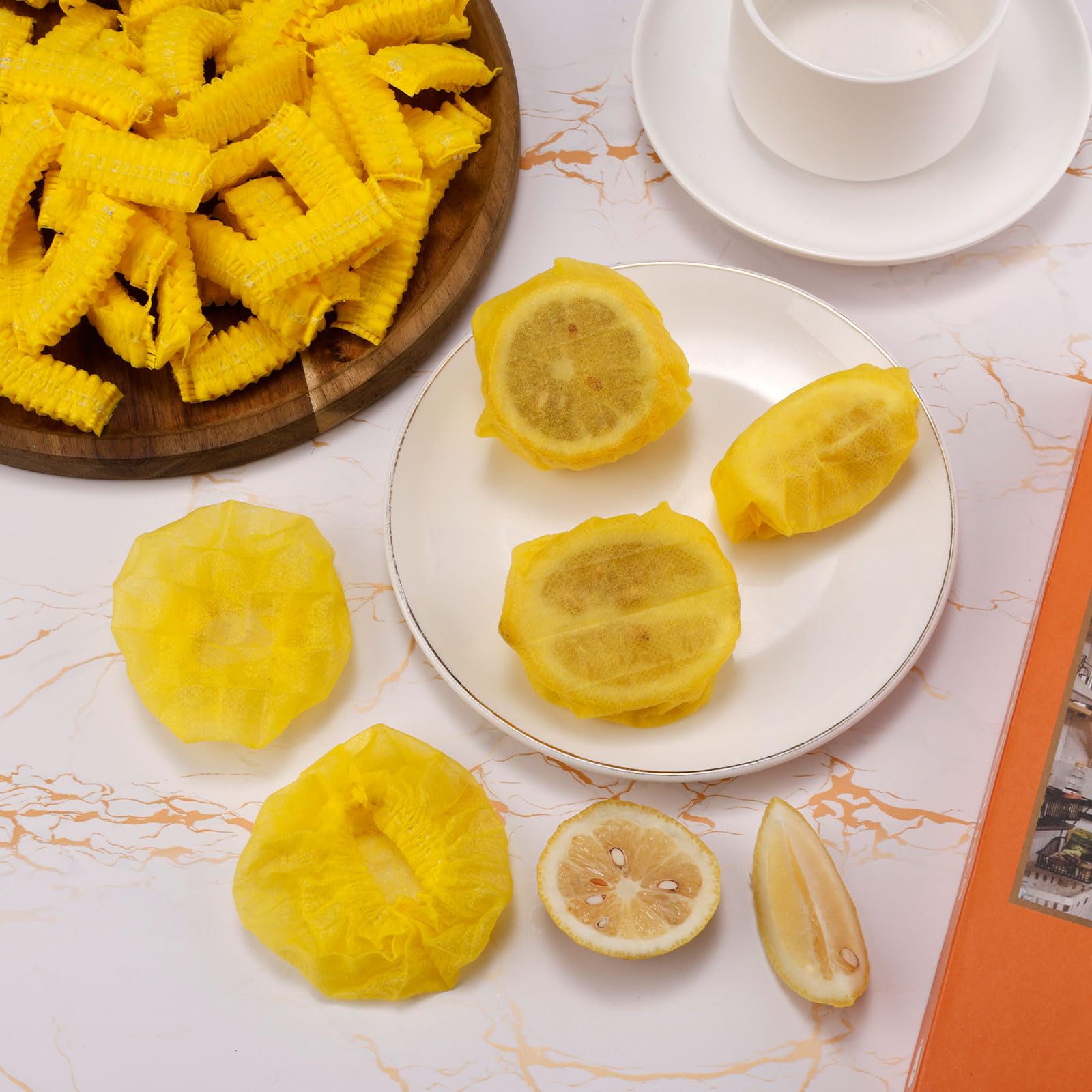 BOXOB 100 Confezioni Coperture per Limoni per Spremere, Retino per Limoni Sacchetti per Spicchi di Limone Panni per Spremere il Limone Fasce Elastiche per Metà e Spicchi di Limone (Giallo)