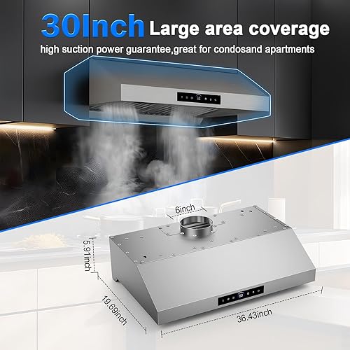 Miniatura 3 de Campana extractora de 30 pulgadas para debajo del gabinete, 1200 CFM, campana de ventilación de acero inoxidable ultra potente con 4 velocidades,