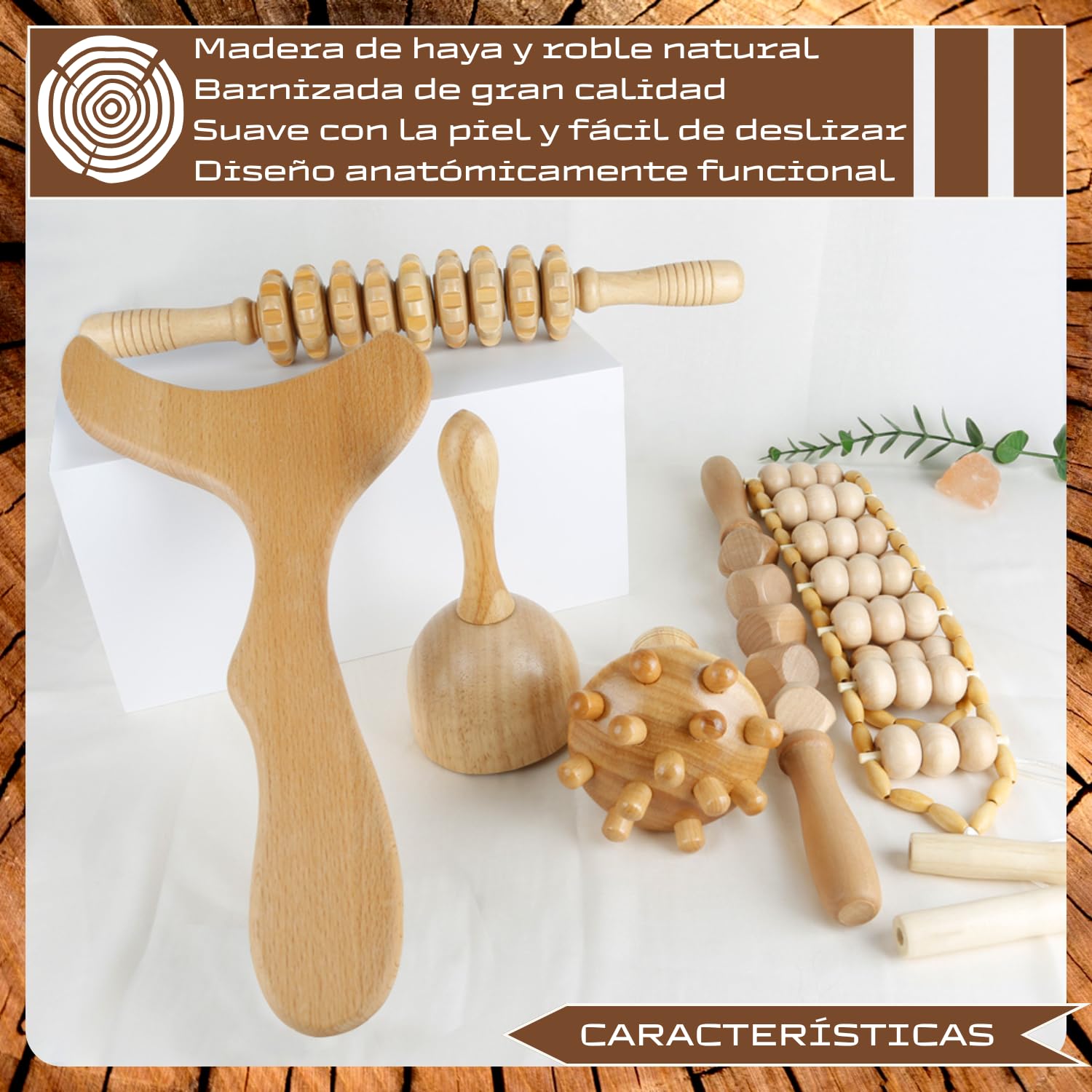 Kit Maderoterapia Corporal Profesional, con 6 Elementos de Maderoterapia y Bolsa Transporte, Set de Maderoterapia Celulitis que Incluye Guía de Buenos Hábitos