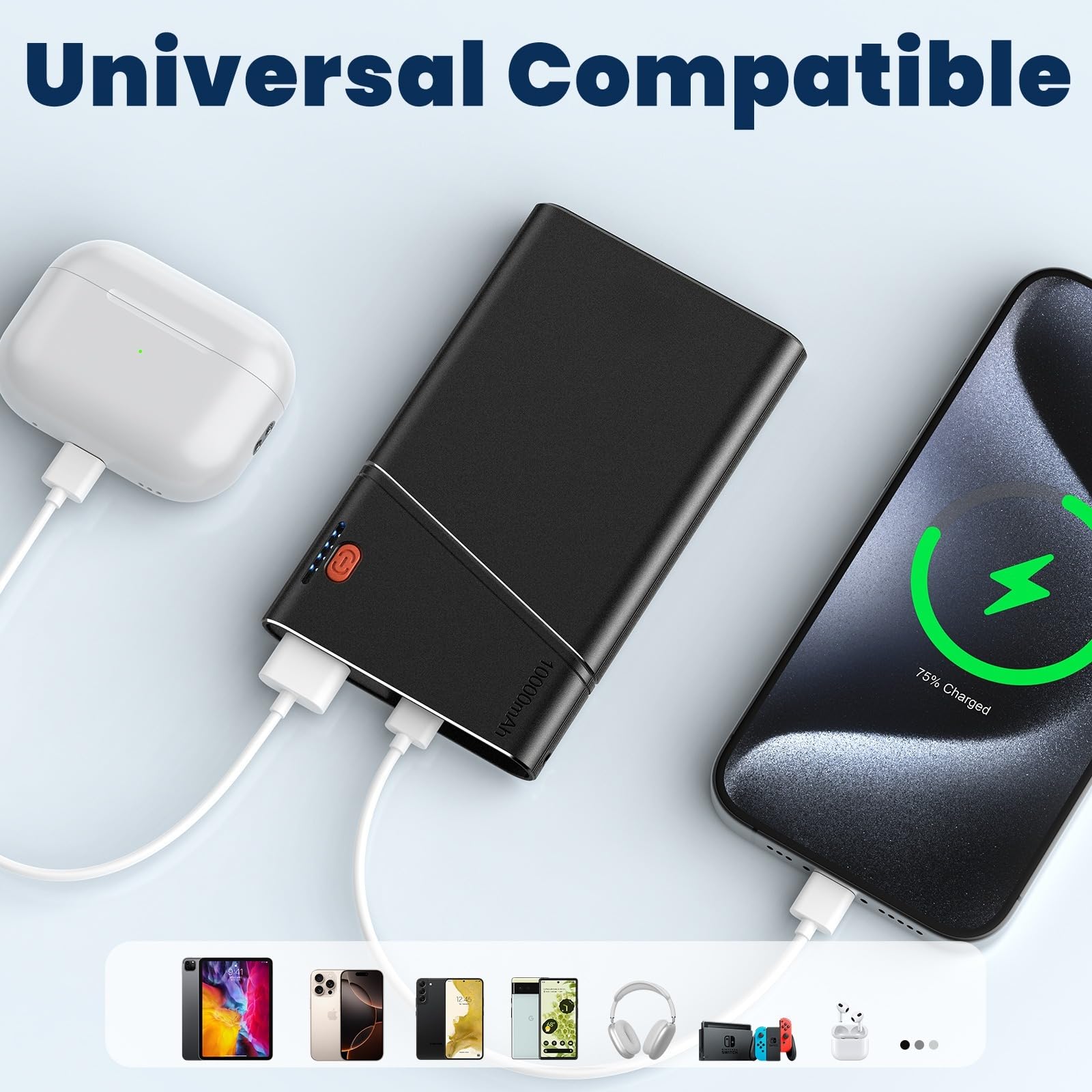 Aaoyun 10000mAh Portable Power Bank, 22.5W PD Fast Charging Battery Pack with Built-in USB-C Cable, Ultra-Slim External Phone Charger for iPhone 17/16/15, Samsung Galaxy S24, Android (Black) view 8