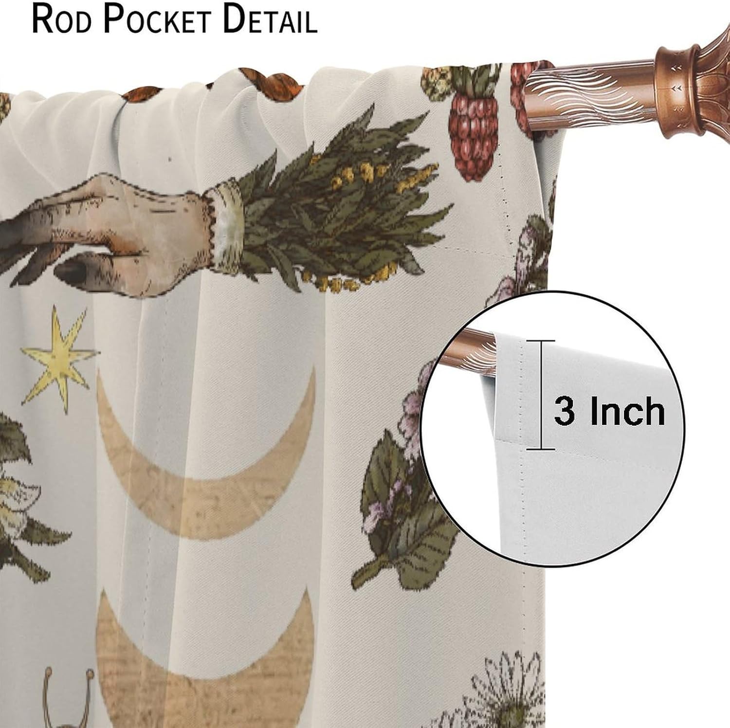 Vintage Moon Phase Curtains, Retro Witchy Hands Magic Wildflower Floral Butterfly Mushroom Plant Insect Print Blackout Window Treatments for Bedroom Living Room 42x63in