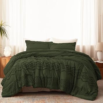 Luxudecor Olive Green Boho Tufted Comforter Set King Size 3 Pieces Boho Shabby Chic Comforter Farmhouse Embroidery Bedding Set Soft Comforter for All Seasons Olive Green, 104x90
