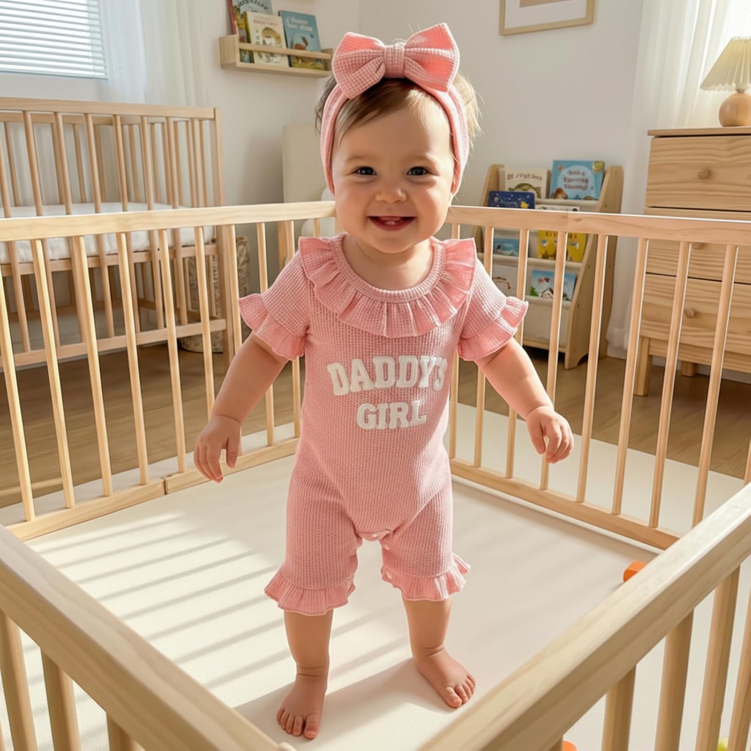 allshope Newborn Baby Girl Summer Outfit Romper Little Sister Lil Sis Embroidery Ruffle Collar Jumpsuit Infant Waffle Clothes