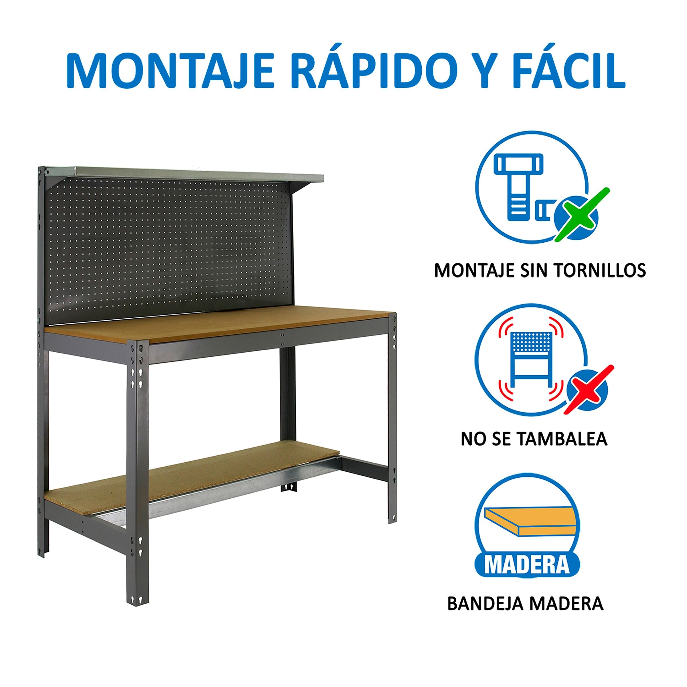 SimonRack Etabli d’Atelier, Capacité de Charge 600 kg, 1445x1210x610 mm, Panneau Perforé avec 1 Étagère, Étagère Tiroir de Rangement, Table de Travail Bricolage, Gris/Bois - BT3