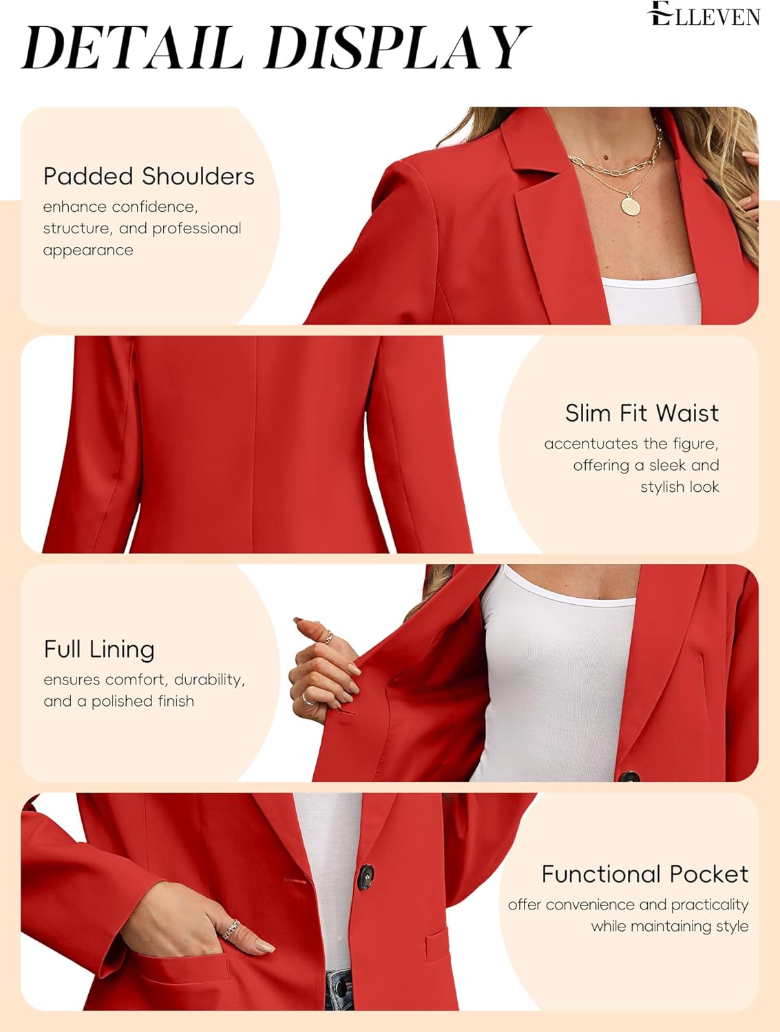 ELLEVEN Women's Blazer Business Casual Lightweight Suit - Long Sleeve Slim Fit Work Office Jacket with Pockets - Image 6