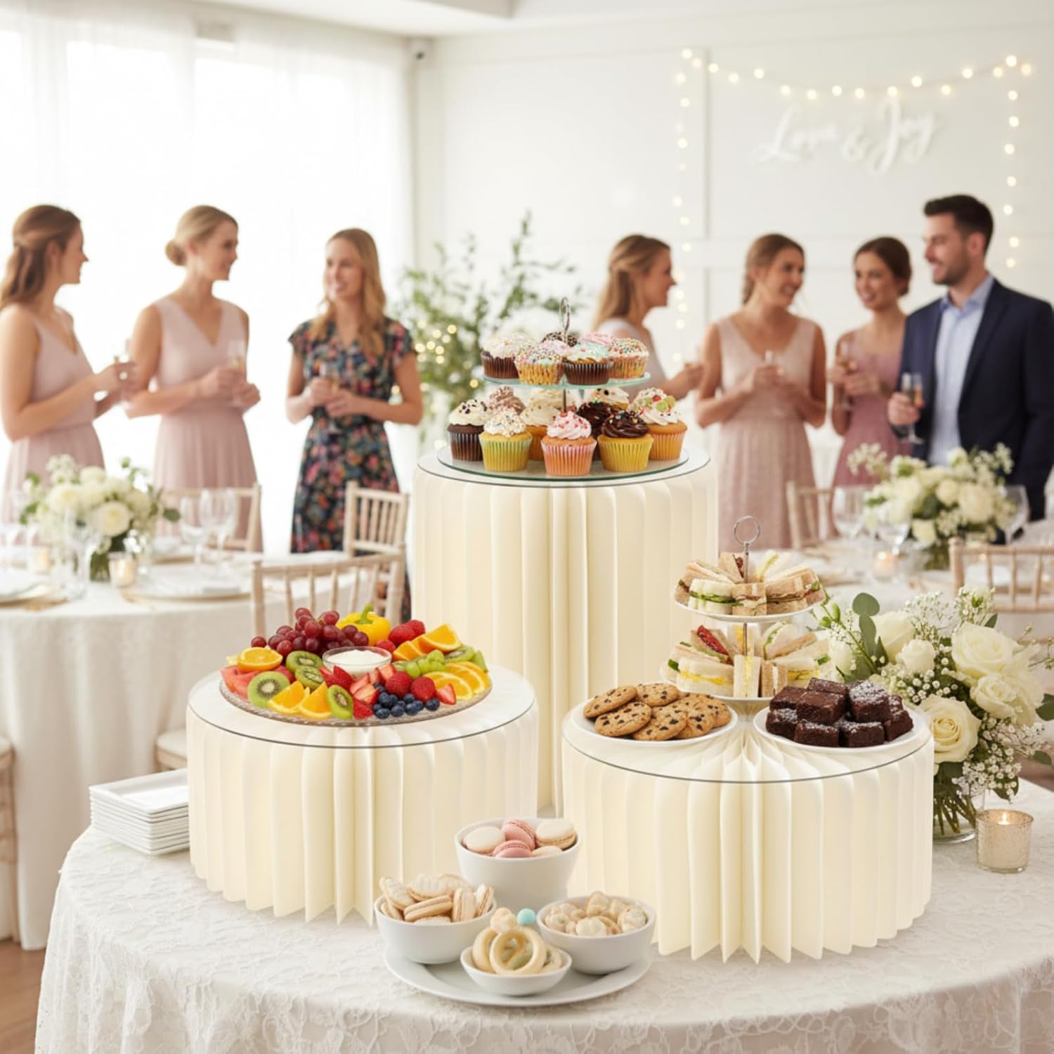 Buffet Risers for Party, Shape&Use 3PCS Round Cream White Cake Stands, Foldable Pedestal Dessert Table Risers for Wedding, Birthday, Anniversary Decor, 11.8in Dia. (15.7/7.9/7.9in H) with Storage Bag