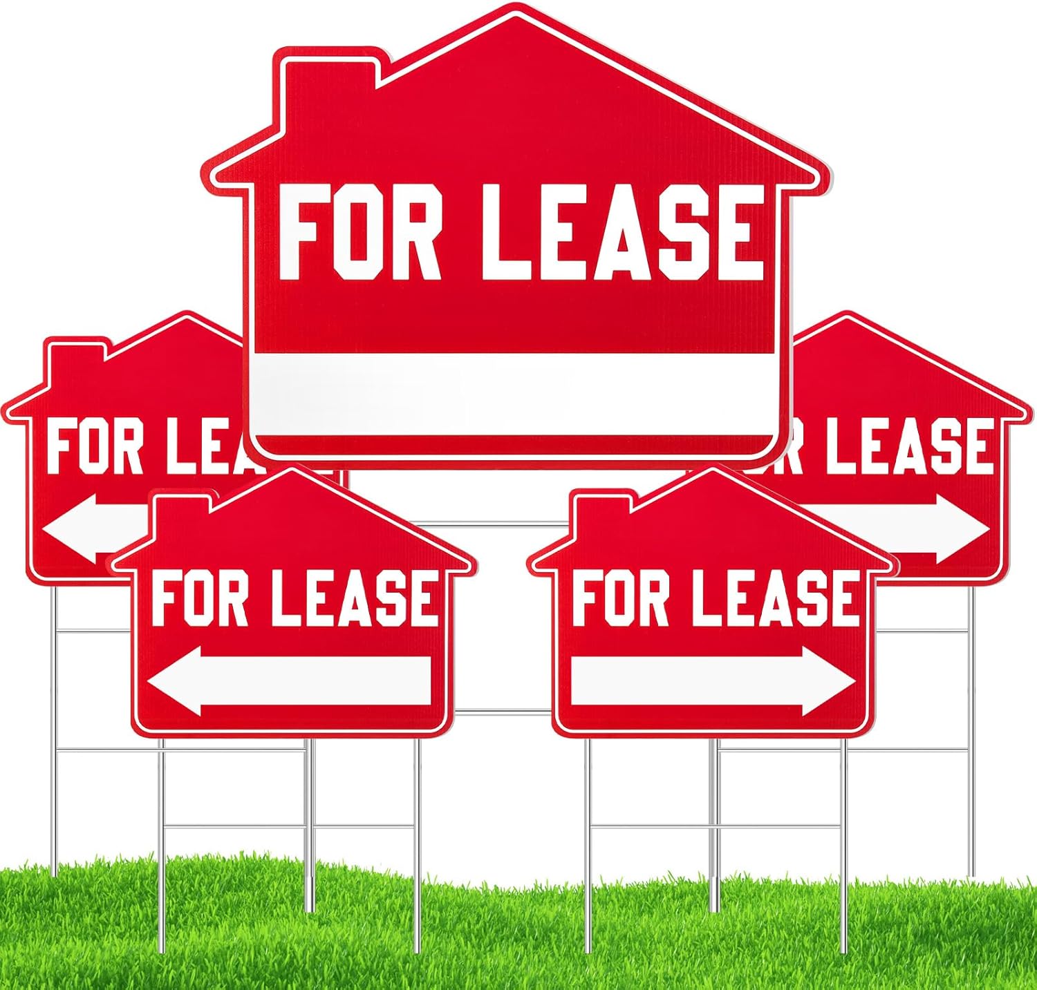 5 Pcs For Rent Sign with Stakes, Lease Sign 16 Inches by 12 Inches Double Sided Signs Corrugated Plastic Red White for Lease Sign Yard Signs for Outdoor House Commercial Real Estate