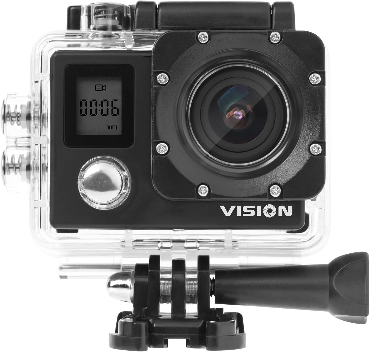 Front view of Krüger&Matz Vision L400 Sports Camera inside its waterproof housing