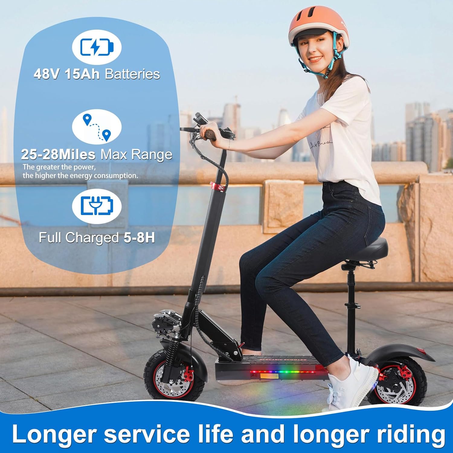 Off-Road Electric Scooter Adults with Seat,1600W/1200W Motor,32-40 Miles Long Range,31/34MPH,10/11" All Terrain Escooter, 48V 18AH/21AH,Foldable E-Scooter with Full Suspension,Dual Brake,150KG Load
