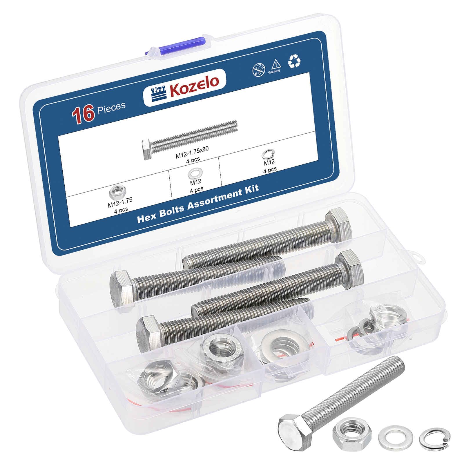 Kozelo 16 Pcs Bolts and Nuts Washers Kit - [M12-1.75x80] 304 Stainless Steel Hex Tap Bolt Assortment Fully Threaded Hexagon Head Machine Bolt Right Hand External Hex Drive, Silver Tone — image 1