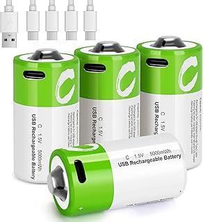 C Batteries 4 Pack, USB Rechargeable Lithium C Cell Size Batteries LR14 1.5V 5000mWh with 4-in-1 USB-C Charging Cable