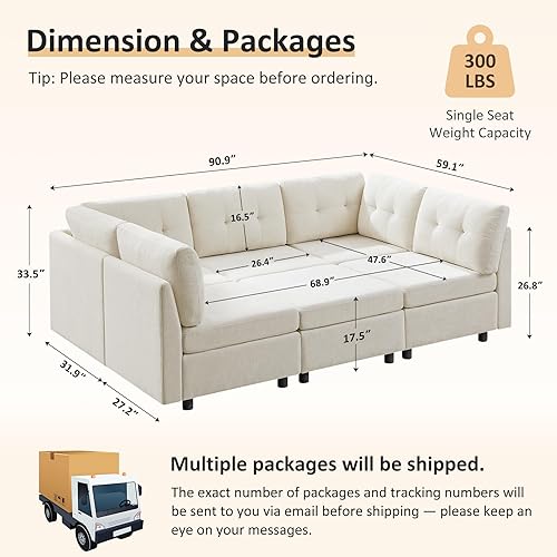 Miniatura 2 de VANOMi Sofá modular seccional, sofás seccionales para sala de estar, sofá modular de nube de 5 asientos con 1 otomana, 91 pulgadas de ancho